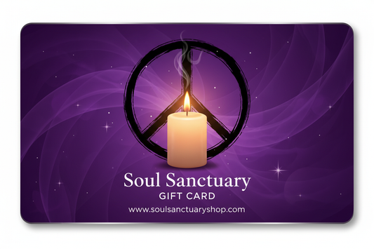 purple soul sanctuary gift card with black peace sign and candle www.soulsanctuaryshop.com